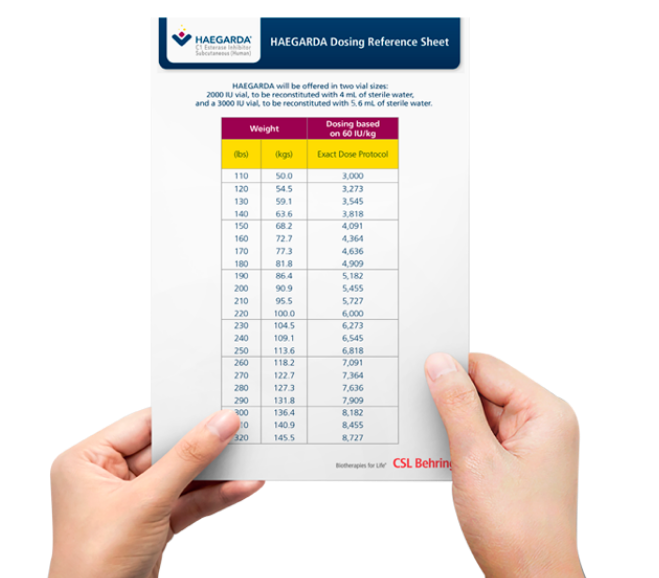 Hands holding HAEGARDA dosing reference sheet